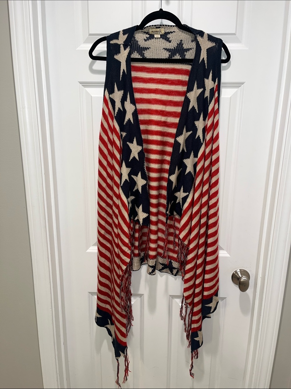 Fringe Flag shawl poncho duster stars stripes USA Memorial Day open cardigan